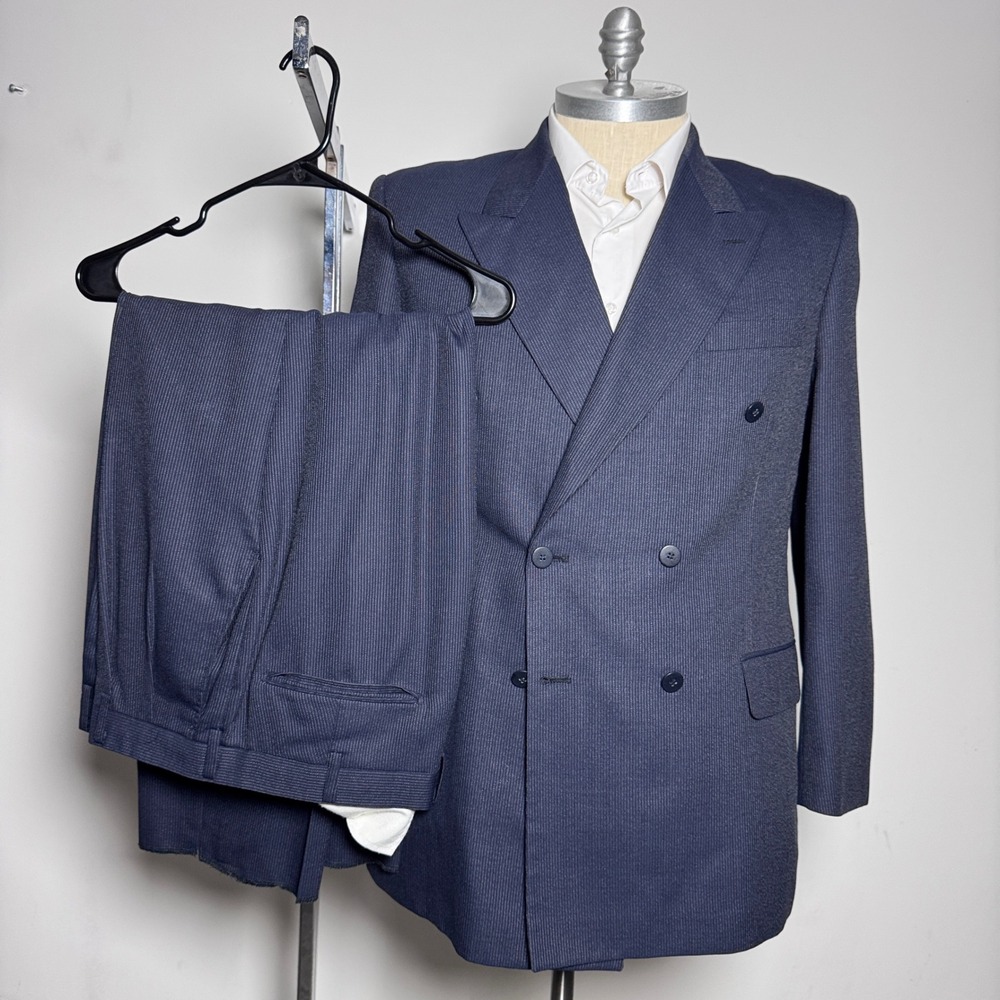 Georgie Suit Mens 42R 38x27 Navy Blue Pinstripe Wool Double Breasted Peak Lapel